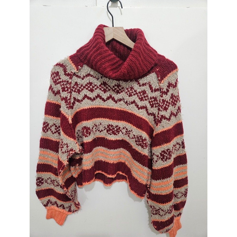 Free People Burgundy Orange Fair Isle Cowl Neck Knit Sweater Small